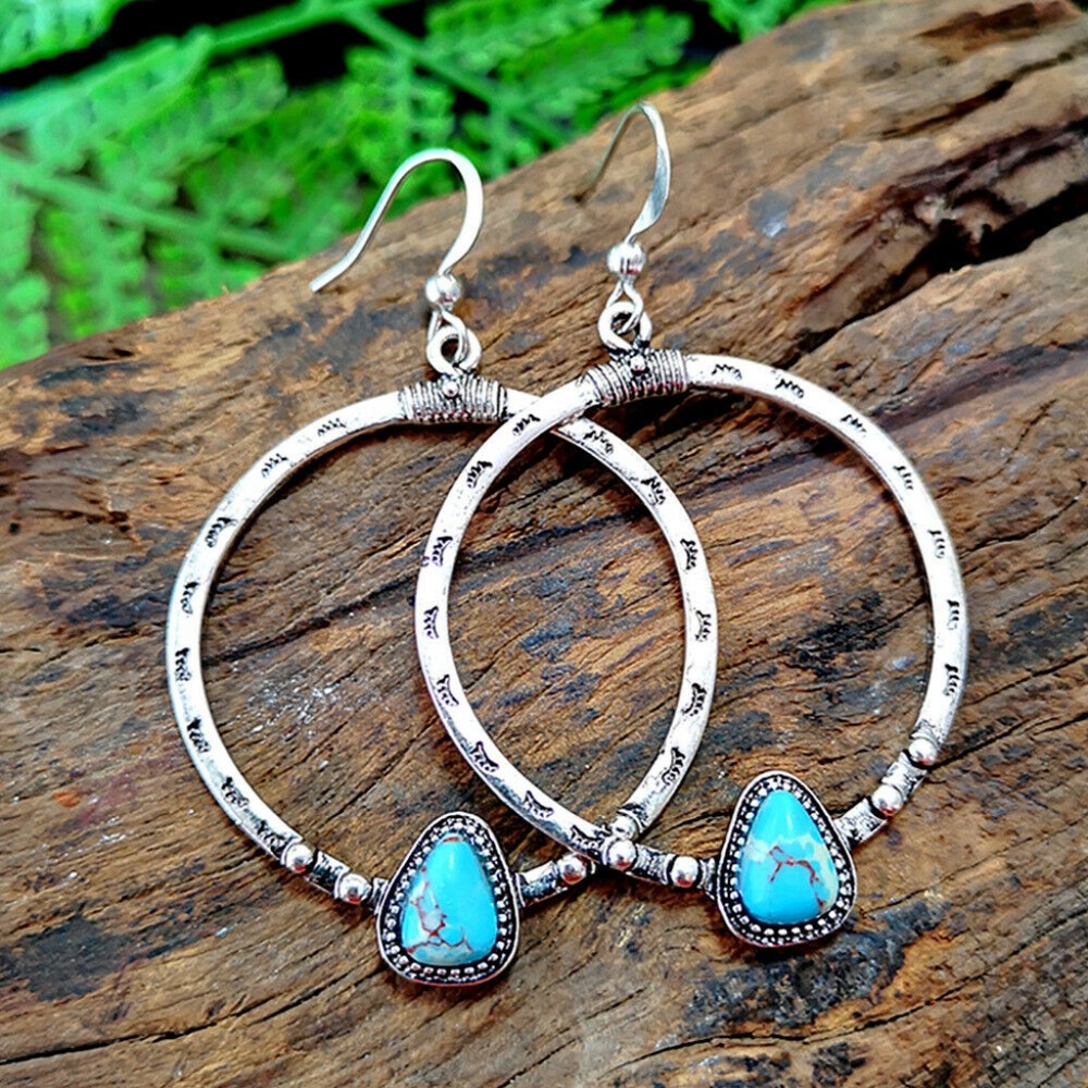 Vintage Boho Silver Turquoise Hoop Earrings